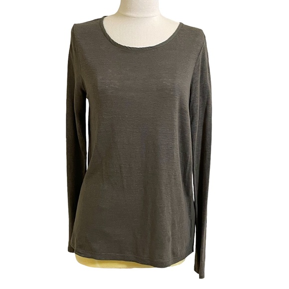 KENAR Olive Green Linen Knit Front Split Back Top - Picture 1 of 7